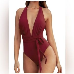 Deep V Neck Self Tied Belt Bathing Suit One Piece Swimsuit Size Medium N…